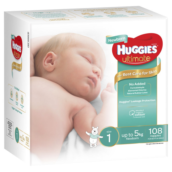 Huggies Nappies Newborn Unisex Up to 5kg Jumbo 108 Pack